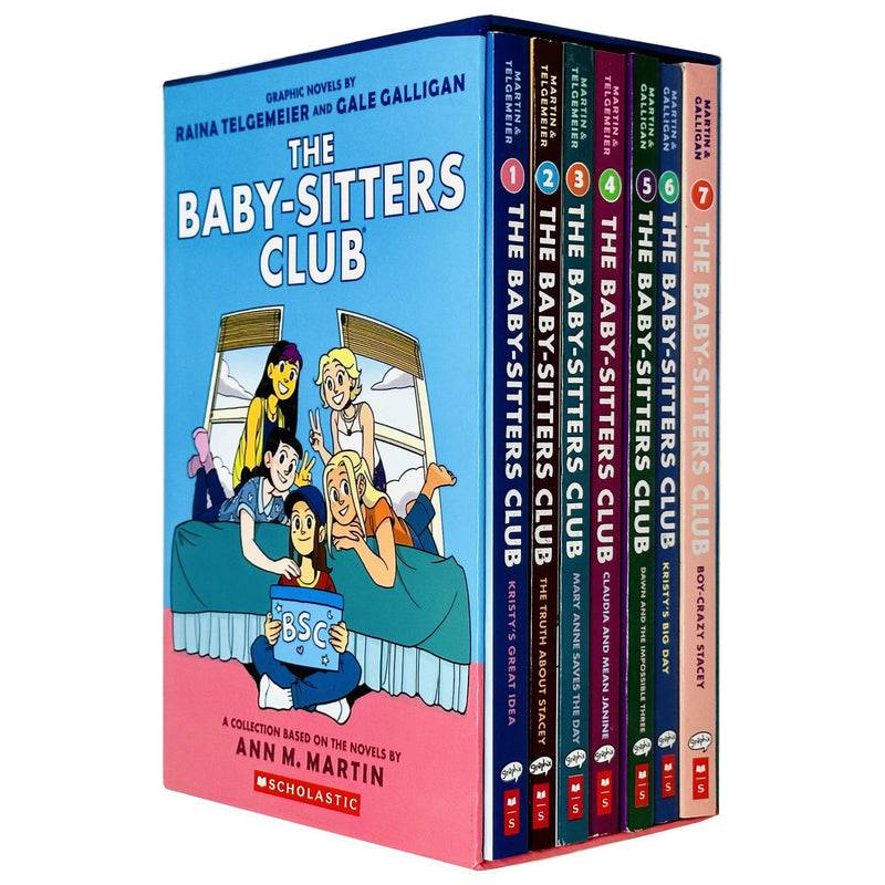 Full-color Scholastic Babysitters Club graphic novel box set by Ann M. Martin, featuring books 1-7 in a paperback edition.