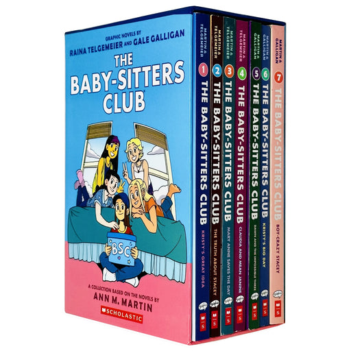 Full-color Scholastic Babysitters Club graphic novel box set by Ann M. Martin, featuring books 1-7 in a paperback edition.