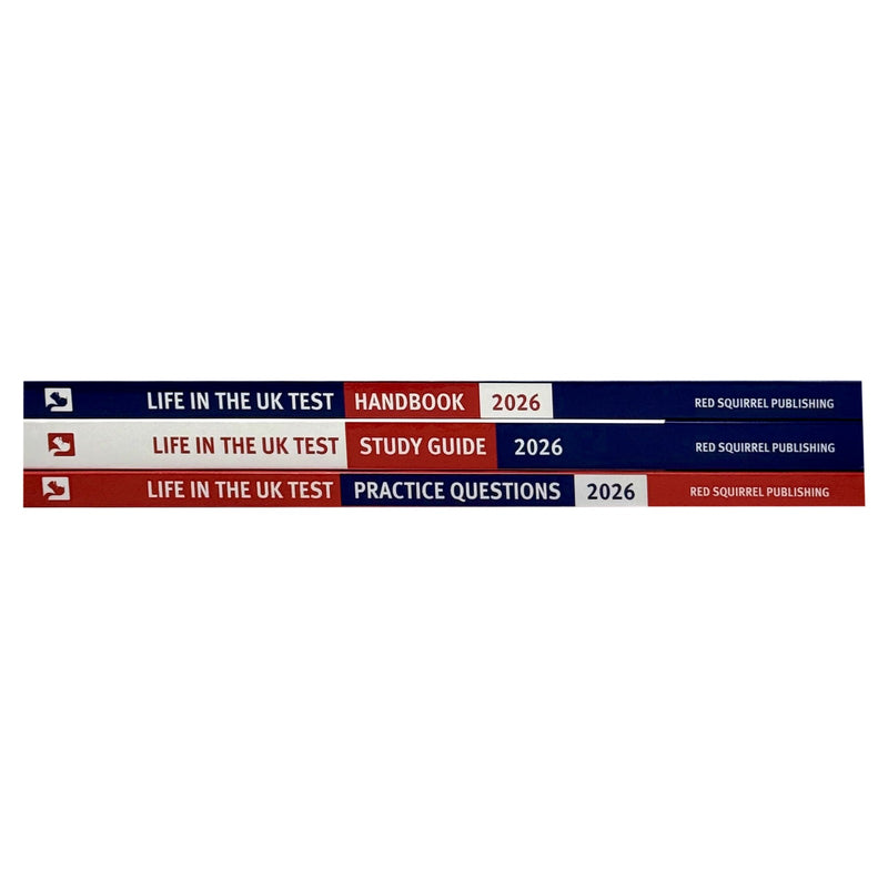 Life in the UK Test 2026 collection books by Henry Dillon and Alastair Smith, featuring practice questions, handbook, and study guide.
