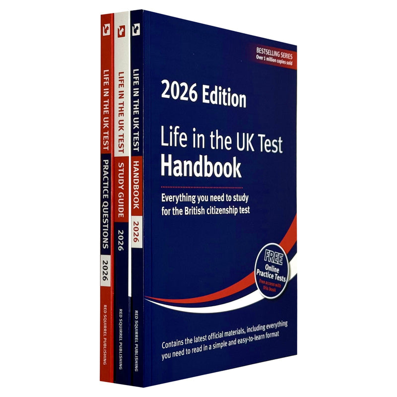 Set of three Life in the UK Test 2026 books by Henry Dillon and Alastair Smith, including practice questions, handbook, and study guide.