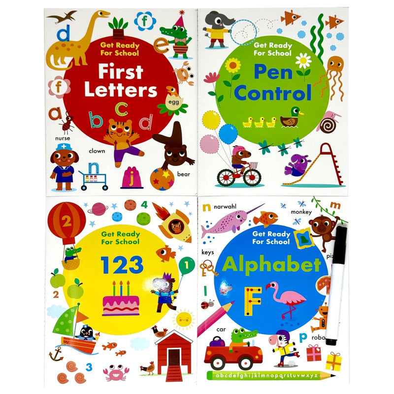 Sandcastle Books wipe clean activity pack with four books and pen, designed for pre-schoolers to prepare for school.