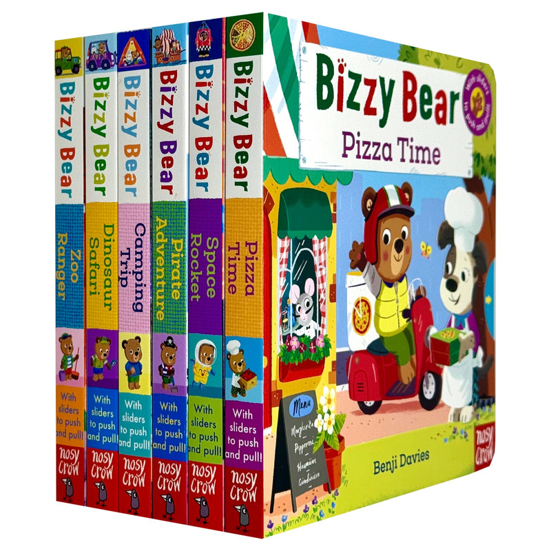 Collection of six Bizzy Bear Series 2 board books by Benji Davies, featuring zoo, dinosaur, camping, pirate, space, and pizza adventures.