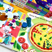 Set of six Bizzy Bear Series 2 board books by Benji Davies, featuring zoo, dinosaur, camping, pirate, space, and pizza adventures.