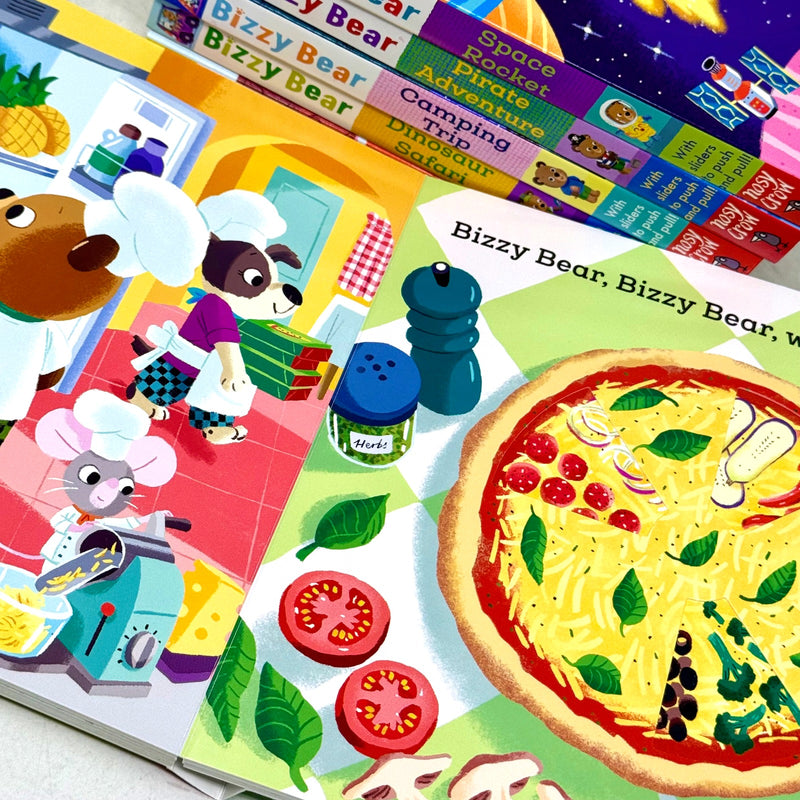 Set of six Bizzy Bear Series 2 board books by Benji Davies, featuring zoo, dinosaur, camping, pirate, space, and pizza adventures.