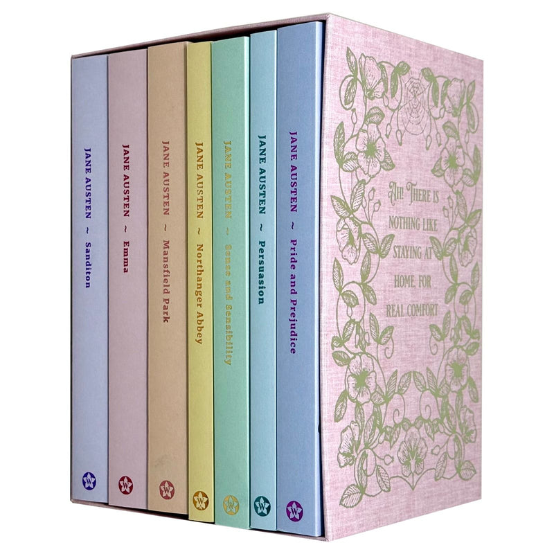 Set of seven classic Jane Austen novels from Wordsworth Editions, featuring elegant book covers in a collectible box set.