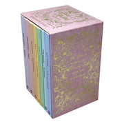 Seven hardcover Jane Austen classic novels from the Wordsworth Editions box set, showcasing elegant book covers and spines.
