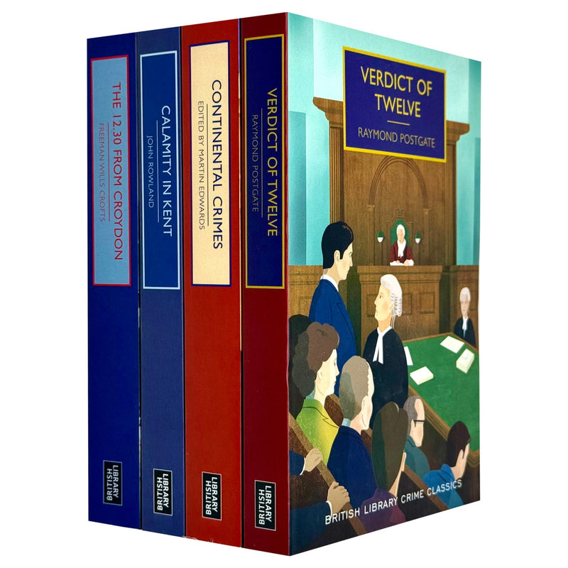 Set of four British Library Crime Classics paperbacks including works by Raymond Postgate and Freeman Wills Crofts, fiction mystery books