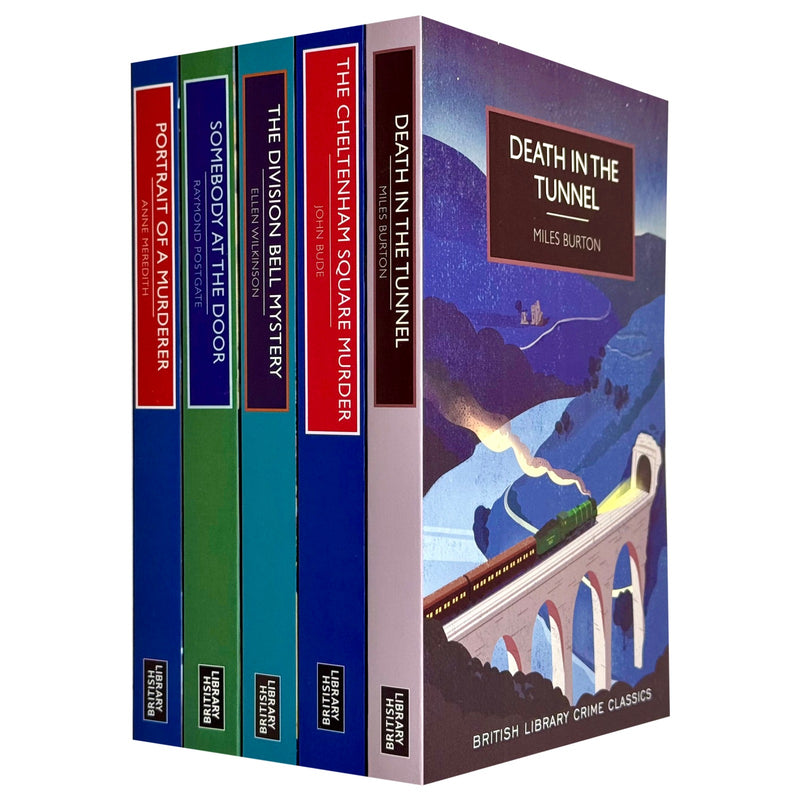 Set of five paperback British Library Publishing mystery books by John Bude and Raymond Postgate, featuring classic detective fiction.