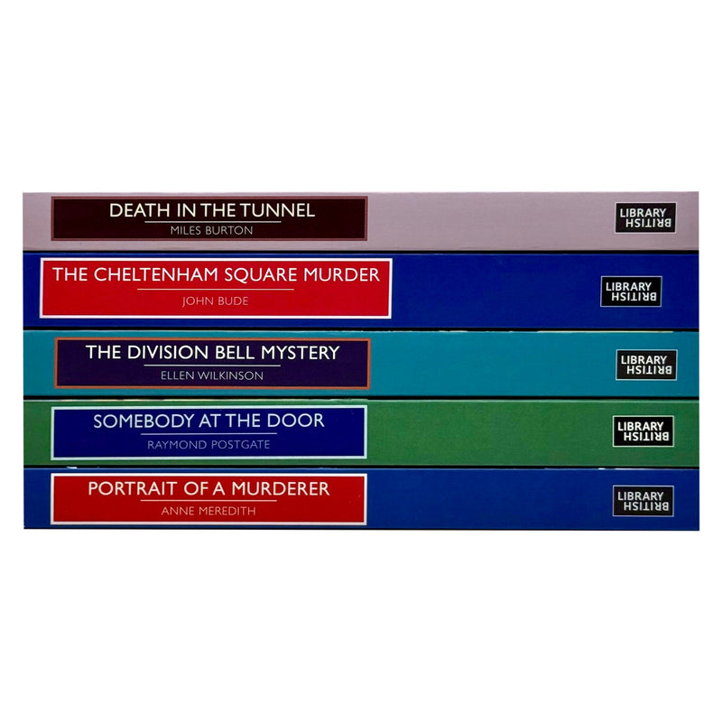 Set of five British Library Publishing fiction paperback books by John Bude and Raymond Postgate, featuring vintage crime stories.