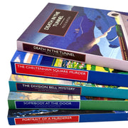 Five paperback mystery novels in the Death in the Tunnel collection by British Library Publishing, featuring John Bude and Raymond Postgate.