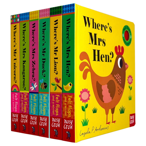 Felt flaps and mirror from Ingela P Arrhenius Series 6 Books Collection set for ages 0-2, featuring colorful illustrations on a board book.