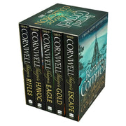 Sharpe Series Books 6-10 collection box set by Bernard Cornwell, featuring titles like Sharpe's Rifles and Escape, with book spines visible.