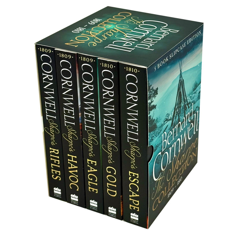 Sharpe Series Books 6-10 collection box set by Bernard Cornwell, featuring titles like Sharpe's Rifles and Escape, with book spines visible.