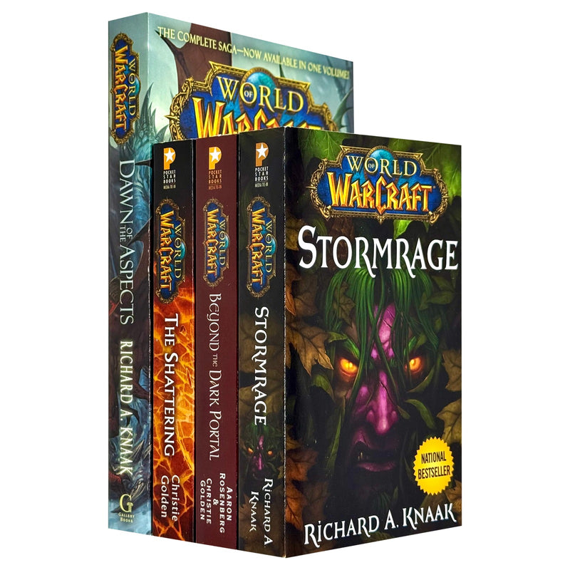 Set of four World of Warcraft paperback books by Christie Golden, Richard A. Knaak, and Aaron Rosenberg, featuring colorful fantasy covers.