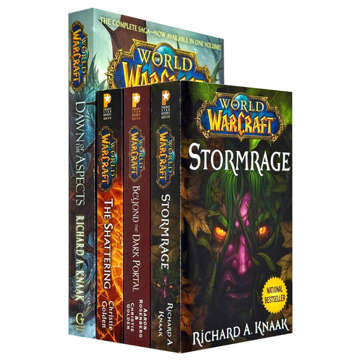 Set of four World of Warcraft paperback books by Christie Golden, Richard A. Knaak, and Aaron Rosenberg, featuring colorful fantasy covers.