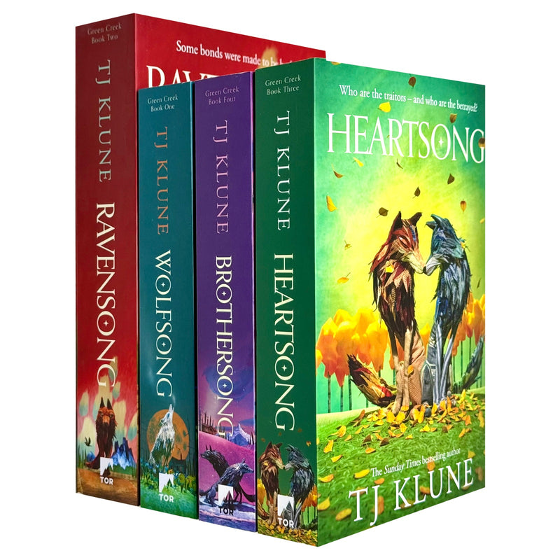 Green Creek Series 4 books collection set by TJ Klune, featuring Wolfsong, Ravensong, Heartsong, and Brothersong in colorful covers.