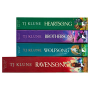 Green Creek Series 4-book set by TJ Klune, featuring Wolfsong, Ravensong, Heartsong, and Brothersong, with colorful book covers.