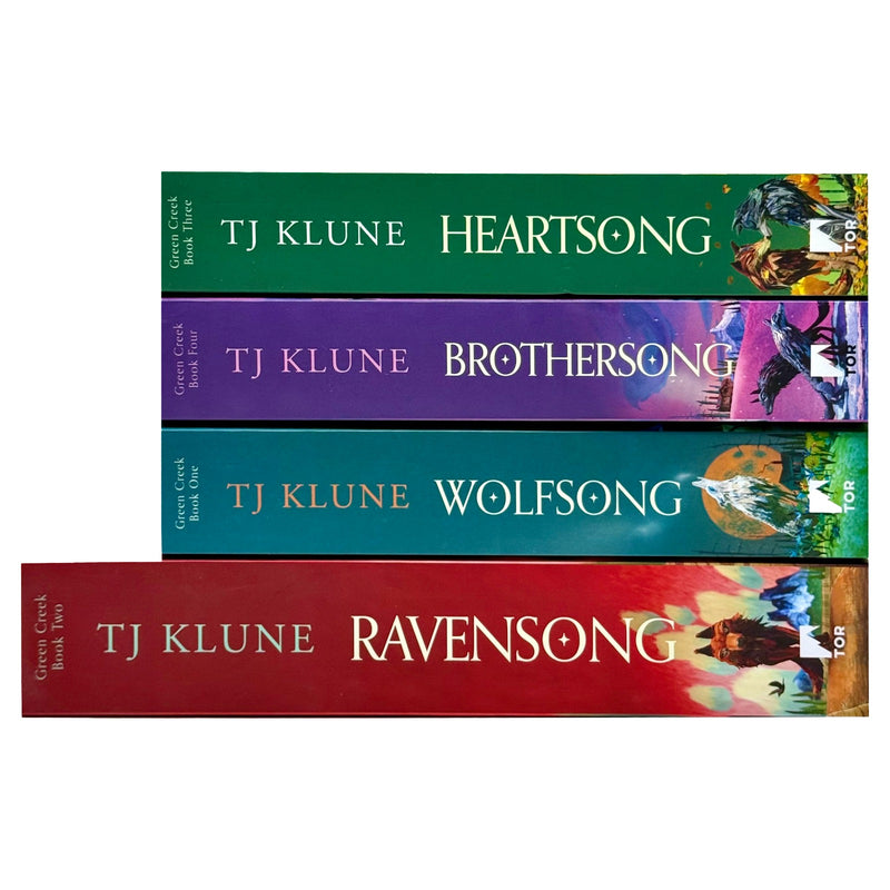 Green Creek Series 4-book set by TJ Klune, featuring Wolfsong, Ravensong, Heartsong, and Brothersong, with colorful book covers.