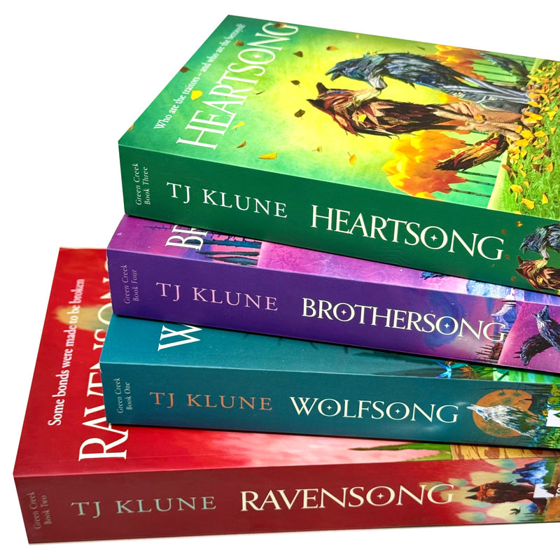 Green Creek Series 4-book collection by TJ Klune, including Wolfsong, Ravensong, Heartsong, and Brothersong, displayed together.