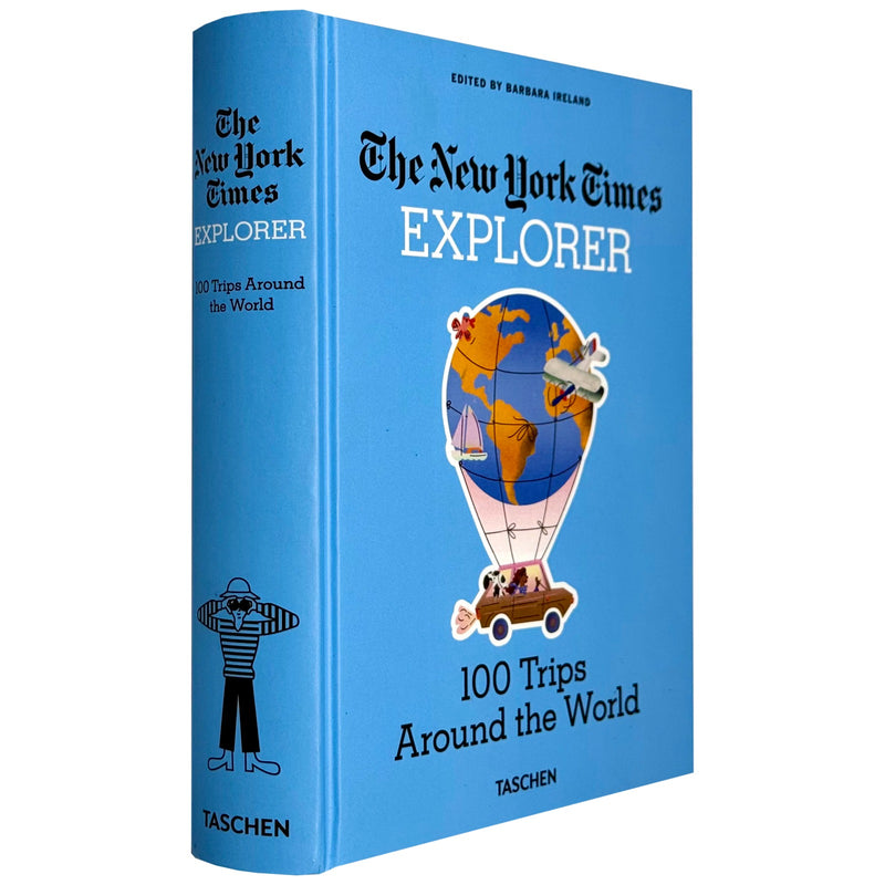 Hardcover book titled "The New York Times Explorer 100 Trips Around The World" by Taschen, showing a colorful cover with travel images.