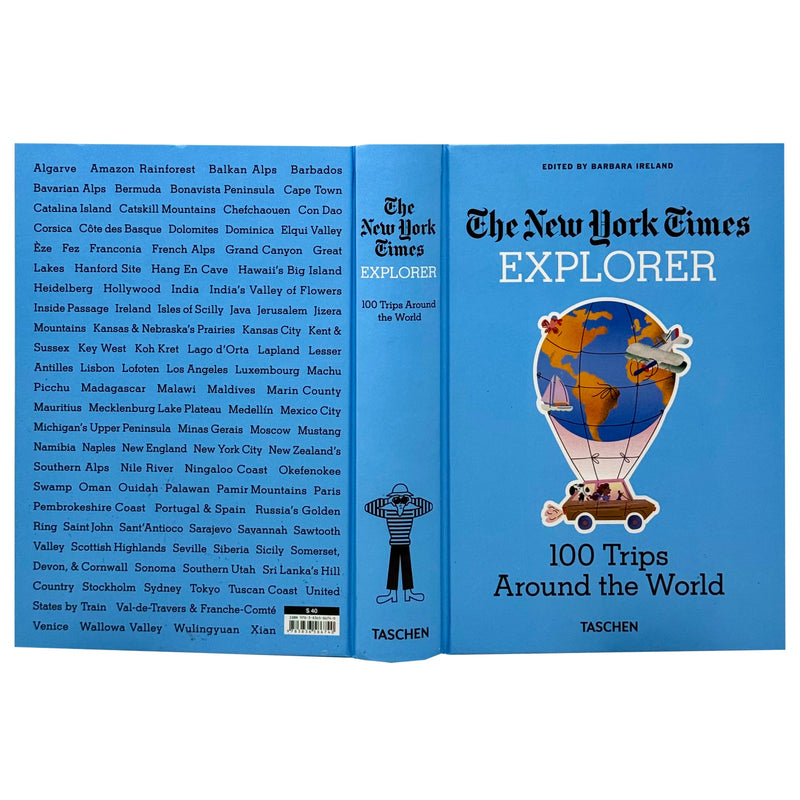 Hardcover book titled "The New York Times: Explorer 100 Trips Around The World" by Taschen, featuring colorful cover art.