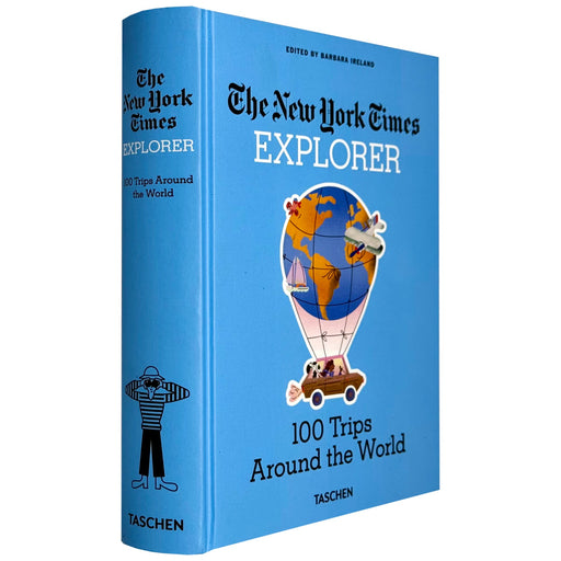 Hardcover book titled "The New York Times Explorer 100 Trips Around The World" by Taschen, showing a colorful cover with travel images.