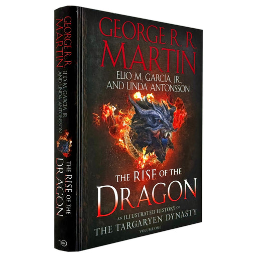 Hardback book titled "The Rise of the Dragon" by George R. R. Martin and Elio M. García Jr, featuring an illustrated history of Targaryen dynasty.