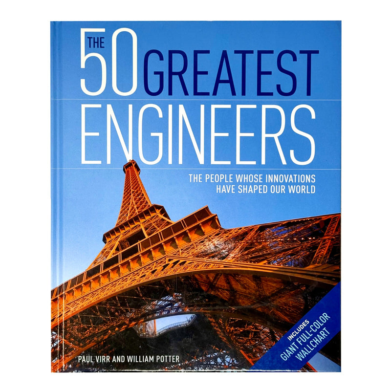 Hardcover book titled "The 50 Greatest Engineers" by Paul Virr and William Potter, featuring a cover image with engineering illustrations.