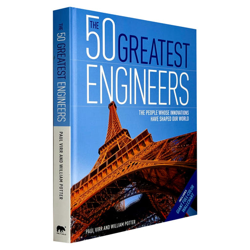 Hardcover book titled "The 50 Greatest Engineers" by Paul Virr and William Potter, featuring a detailed cover design.