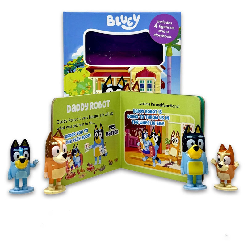 Bluey Tattle Tales storybook with four Bluey figurines for ages 3-5, featuring colorful illustrations and a sturdy board book format.