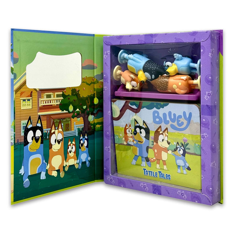 Bluey Tattle Tales 12-page storybook with four Bluey figurines for ages 3-5, featuring colorful illustrations and playful scenes.