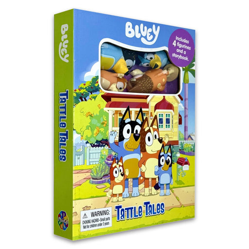 Bluey Tattle Tales 12-page storybook with four Bluey figurines for ages 3-5, featuring colorful illustrated pages.