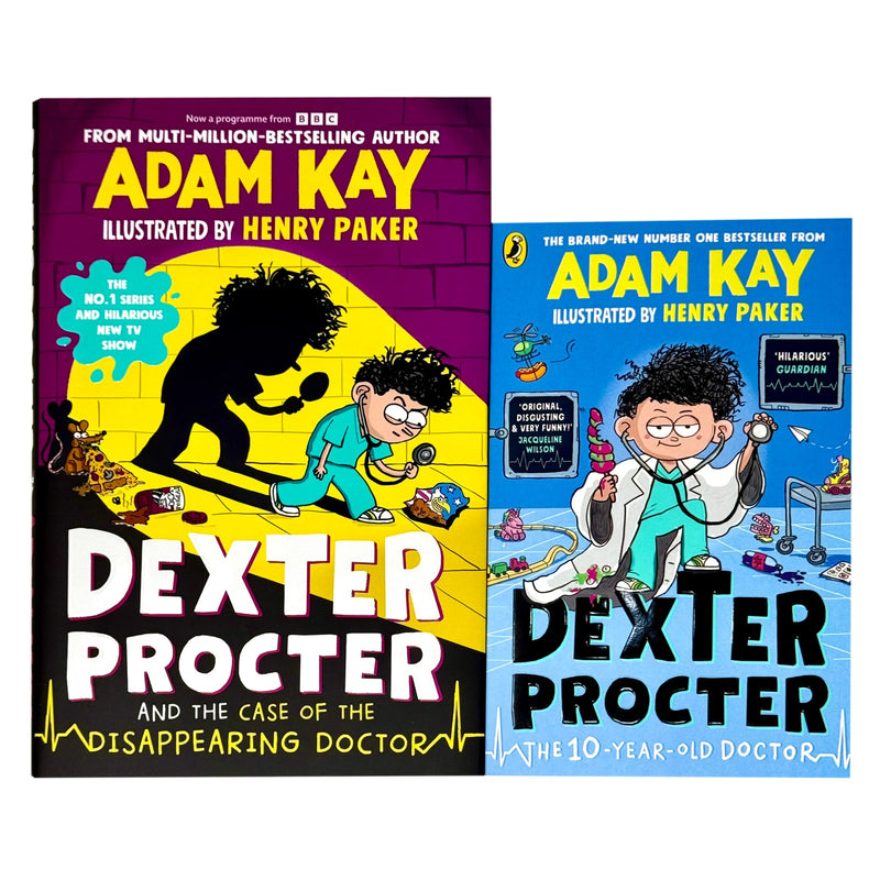 Two hardback books from the Dexter Procter series by Adam Kay, featuring medical adventures for ages 9–12, Puffin edition.