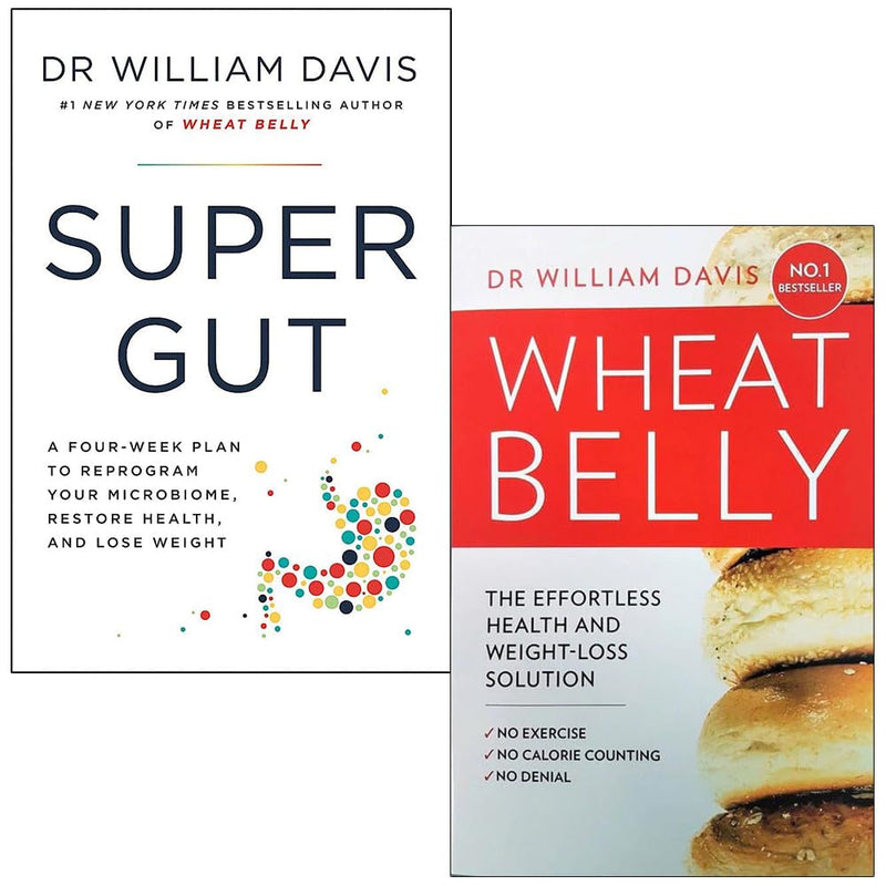 William Davis Collection 2 books set including Super Gut and Wheat Belly by William Davis, featuring book covers with yellow and medical themes.