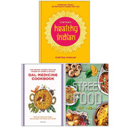 Set of three Indian cookbook books by Chetna Makan and Roli, featuring dal recipes, street food, and healthy Indian dishes.