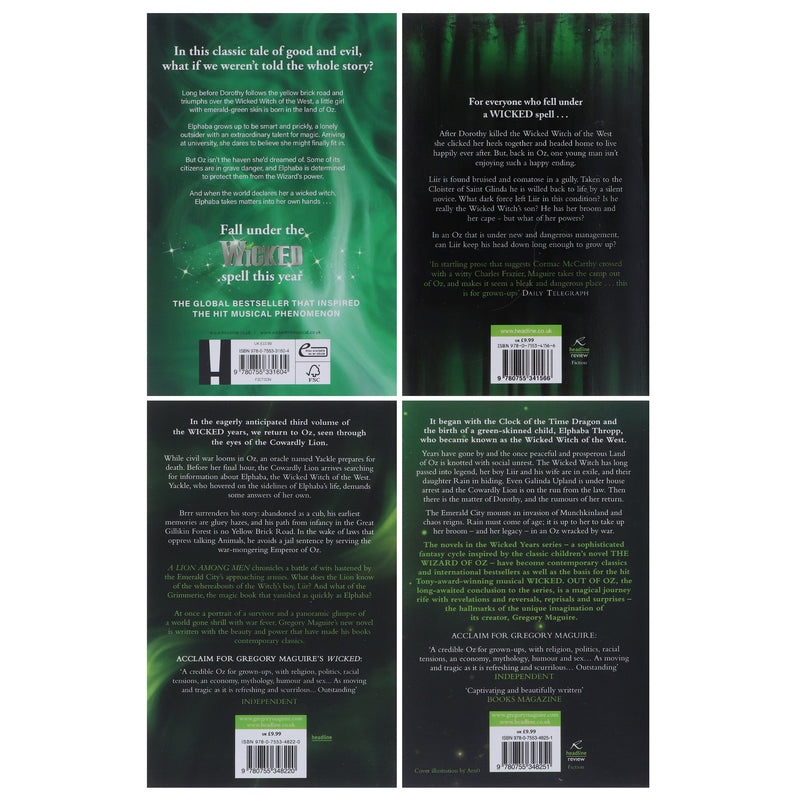 Back view of Gregory Maguire Wicked Years Series 4 books collection set, featuring titles like Wicked and Son of a Witch.