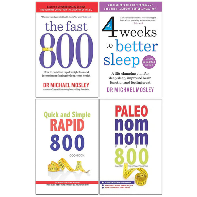 Four paperback books from the Mimi Spencer and Michael Mosley collection, including The Fast 800 and 4 Weeks to Better Sleep.