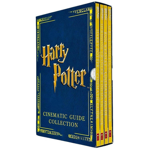 Set of four hardcover Harry Potter Cinematic Guide Collection books featuring Harry, Hermione, Ron, and Dumbledore by Scholastic.