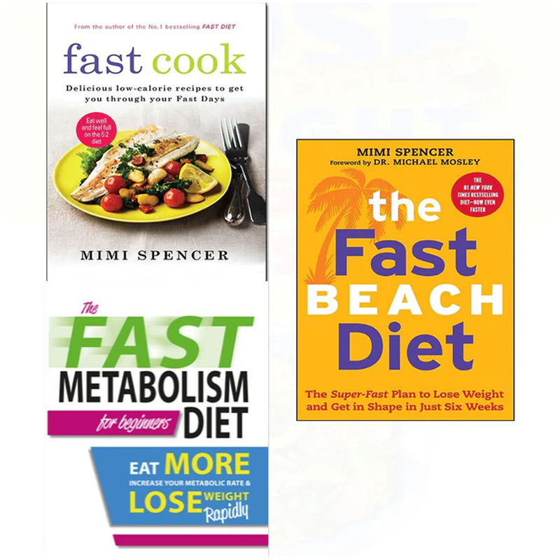 Set of three paperback diet books by Iota, including The Fast Metabolism Diet for Beginners, Fast Cook, and The Beach Diet.