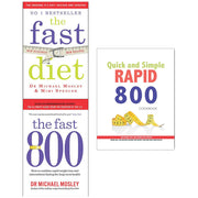 Set of three paperback cookbooks by Michael Mosley on fasting and rapid 800 diet, featuring recipes and health tips.