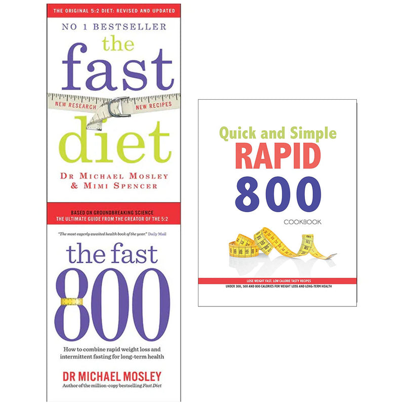 Set of three paperback cookbooks by Michael Mosley on fasting and rapid 800 diet, featuring recipes and health tips.