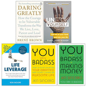 Collection of five nonfiction books by Brené Brown, Gary Bishop, Jen Sincero, and Rob Moore on personal development and financial success.