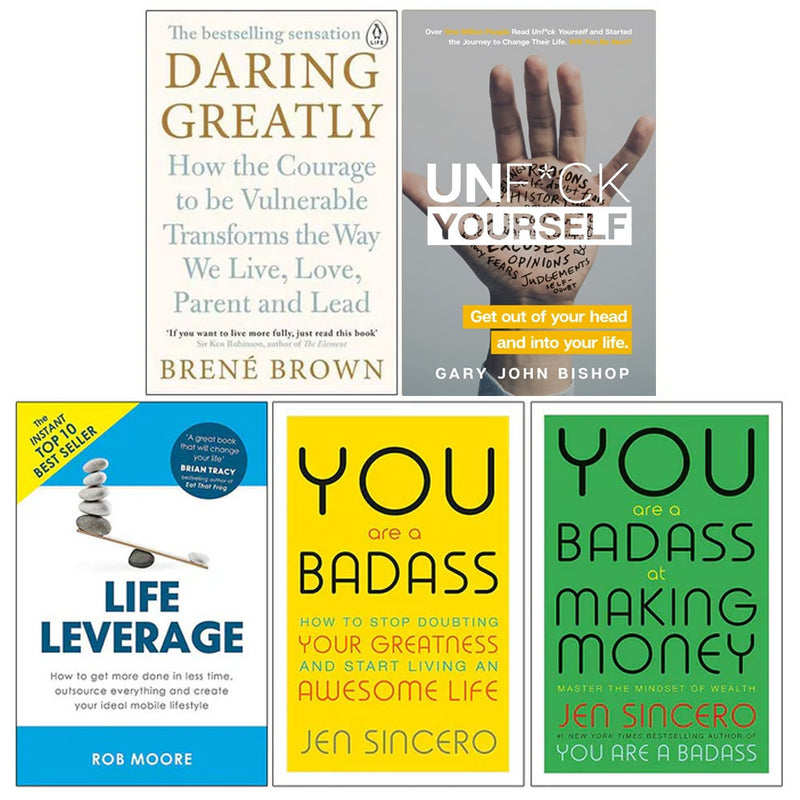 Collection of five nonfiction books by Brené Brown, Gary Bishop, Jen Sincero, and Rob Moore on personal development and financial success.