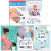 Collection of five pregnancy and parenting books including "What to Expect When You're Expecting" by Heidi Murkoff, and journals.