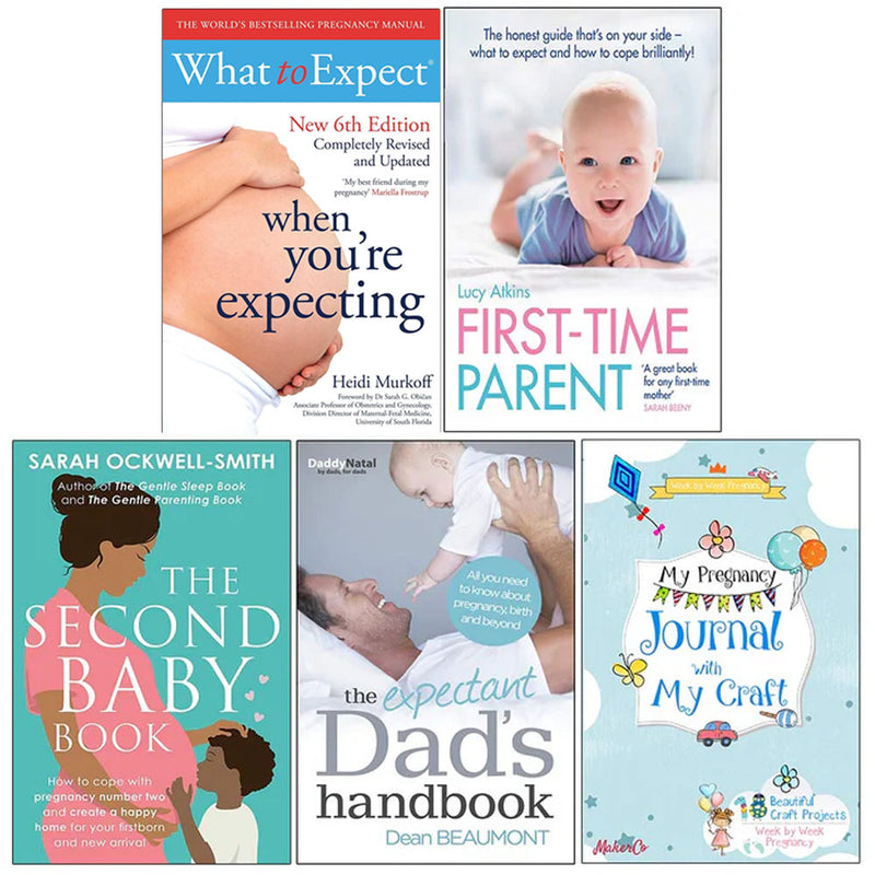 Collection of five pregnancy and parenting books including "What to Expect When You're Expecting" by Heidi Murkoff, and journals.