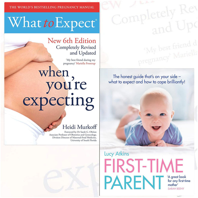 Two paperback books from the "What to Expect When You're Expecting" 6th Edition collection by Heidi Murkoff and Lucy Atkins.