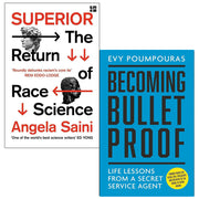 Set of two paperback books by Angela Saini and Evy Poumpouras on race science and resilience, featuring book covers and titles.