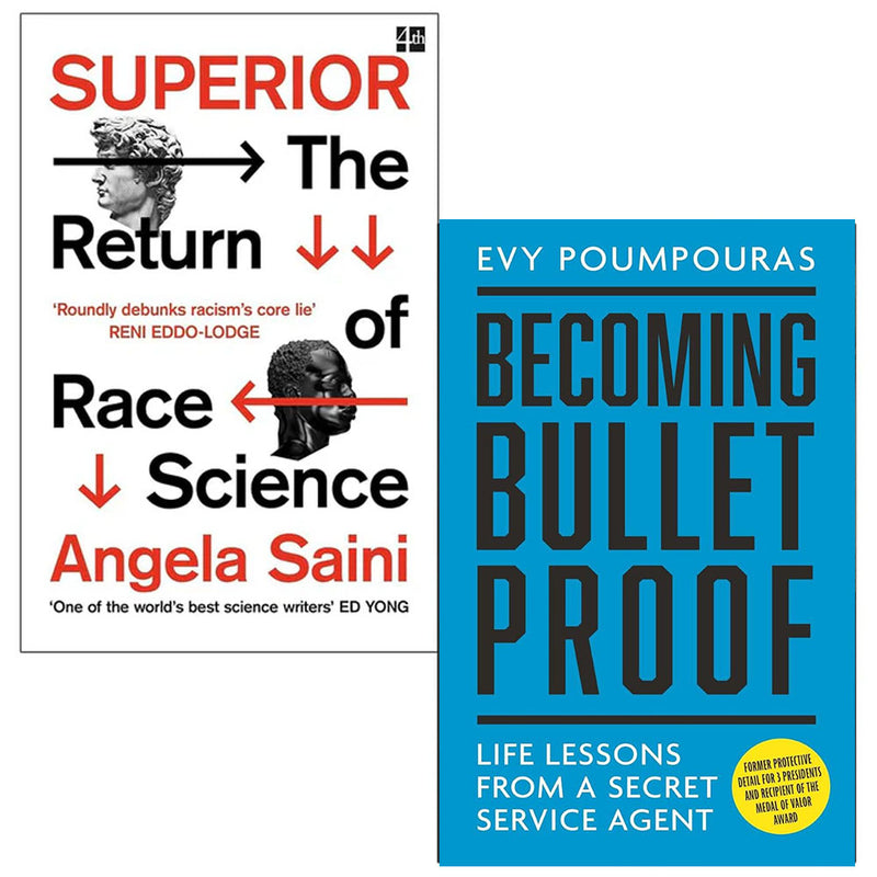 Set of two paperback books by Angela Saini and Evy Poumpouras on race science and resilience, featuring book covers and titles.