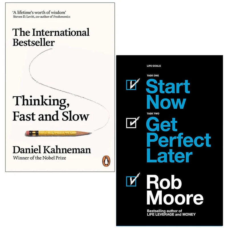 Paperback book set of "Thinking, Fast and Slow" by Daniel Kahneman and "Start Now. Get Perfect Later" by Rob Moore, featuring non-fiction titles.