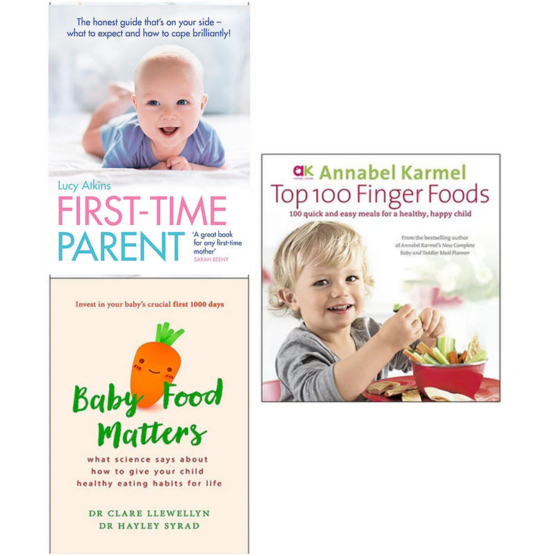 Collection of three baby food books from Lucy Atkins, including First-Time Parent and Top 100 Finger Foods, in mixed formats.